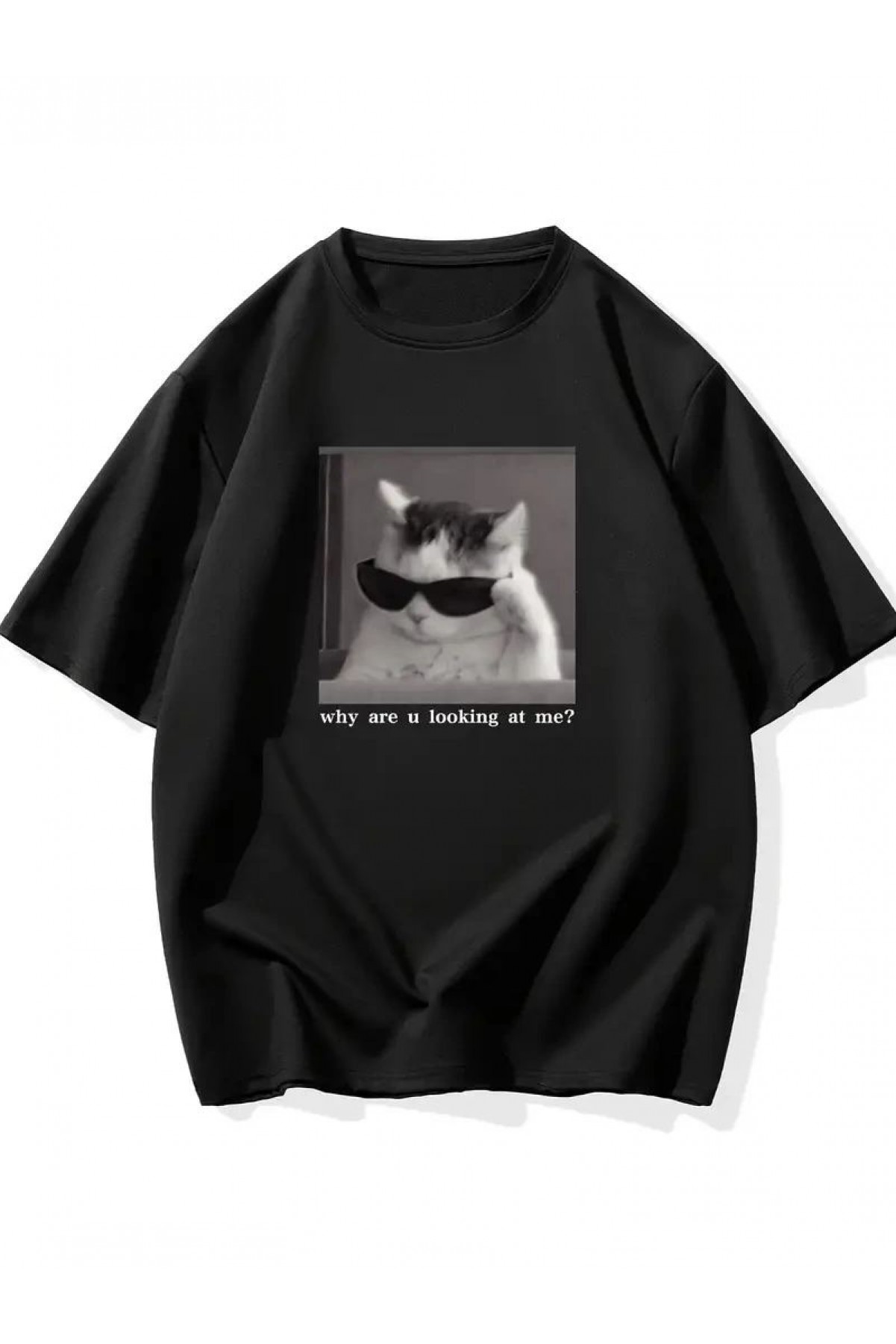 Erkek T-Shirt Komik Kedi Baskılı kısa kol Tişört - Siyah
