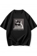 Erkek T-Shirt Komik Kedi Baskılı kısa kol Tişört - Siyah