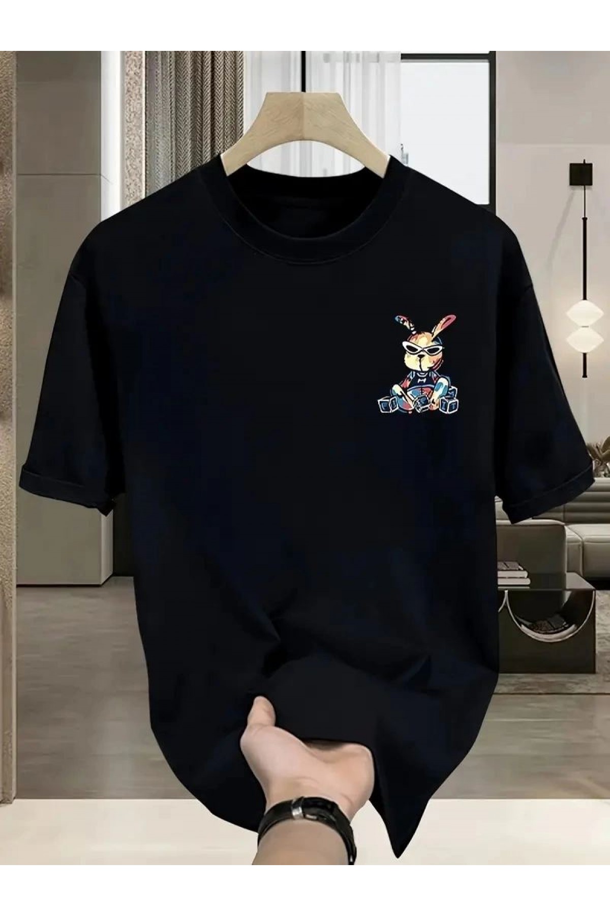 Erkek T-shirt Tavşan Baskılı Kısa Kollu Tişört - Siyah