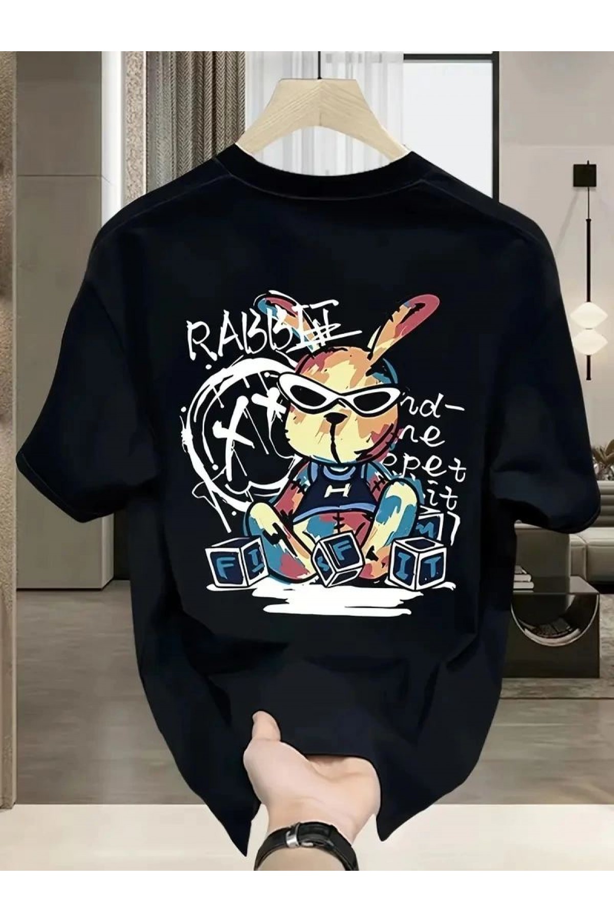 Erkek T-shirt Tavşan Baskılı Kısa Kollu Tişört - Siyah