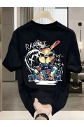 Erkek T-shirt Tavşan Baskılı Kısa Kollu Tişört - Siyah