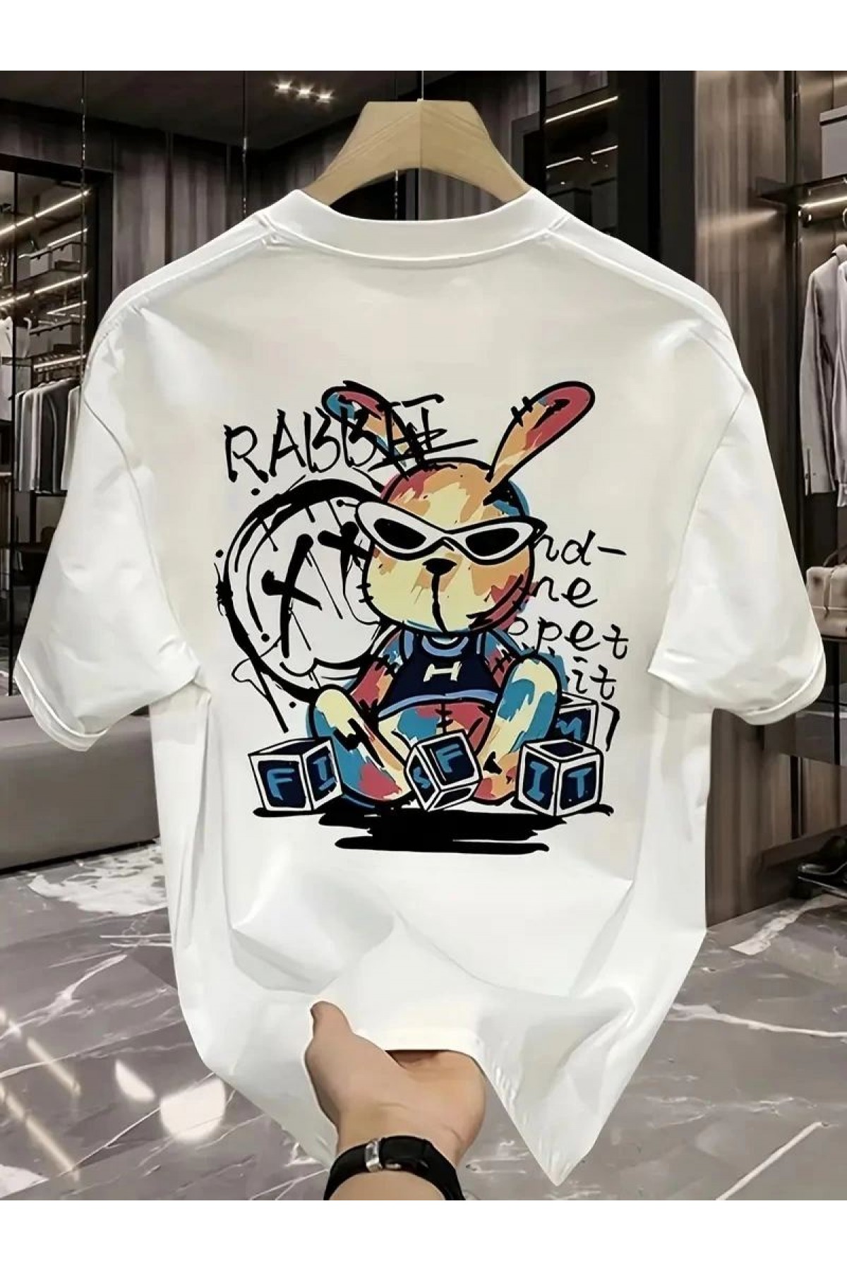 Erkek T-shirt Tavşan Baskılı Kısa Kollu Tişört - Beyaz