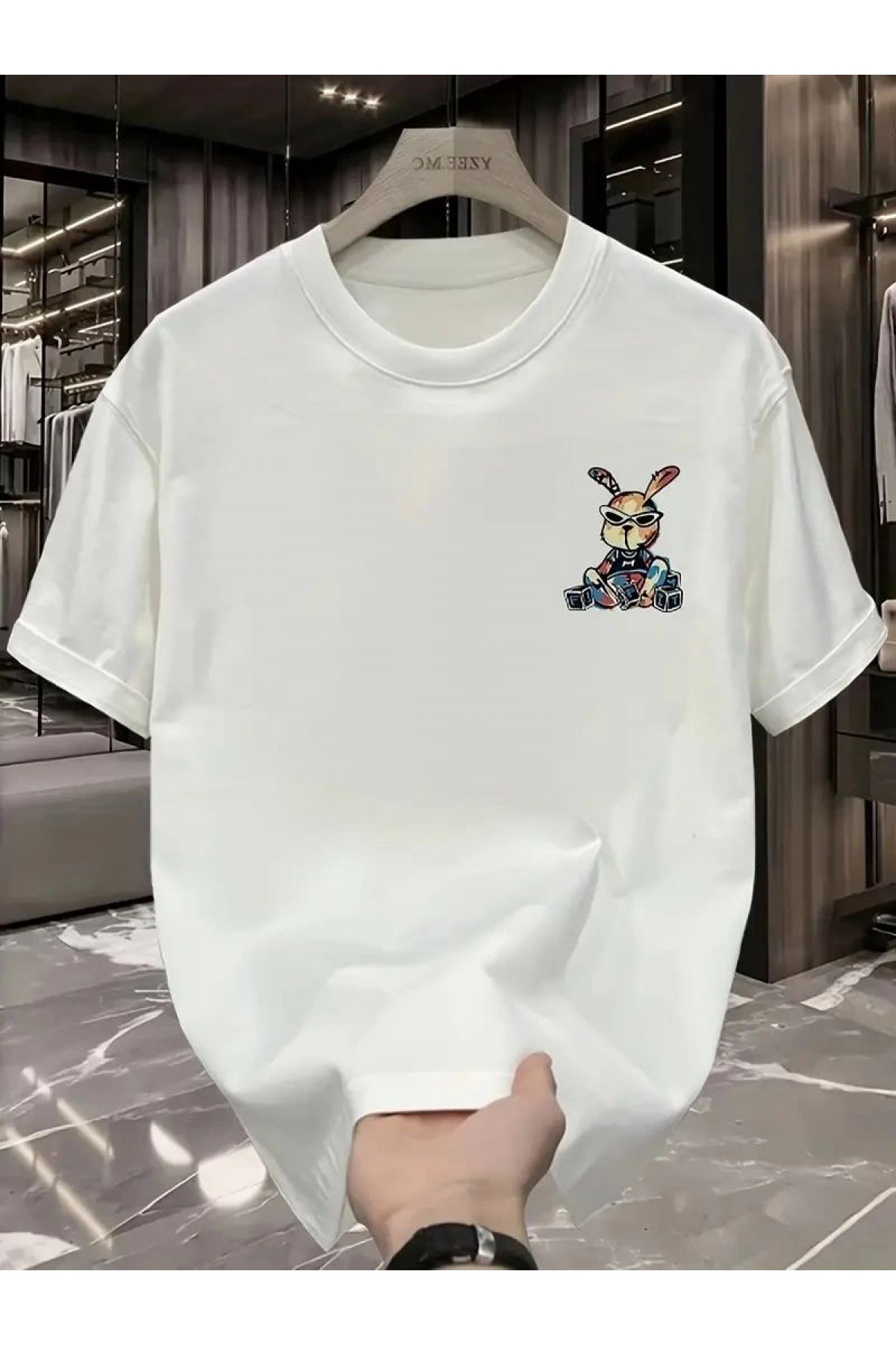Erkek T-shirt Tavşan Baskılı Kısa Kollu Tişört - Beyaz
