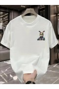 Erkek T-shirt Tavşan Baskılı Kısa Kollu Tişört - Beyaz
