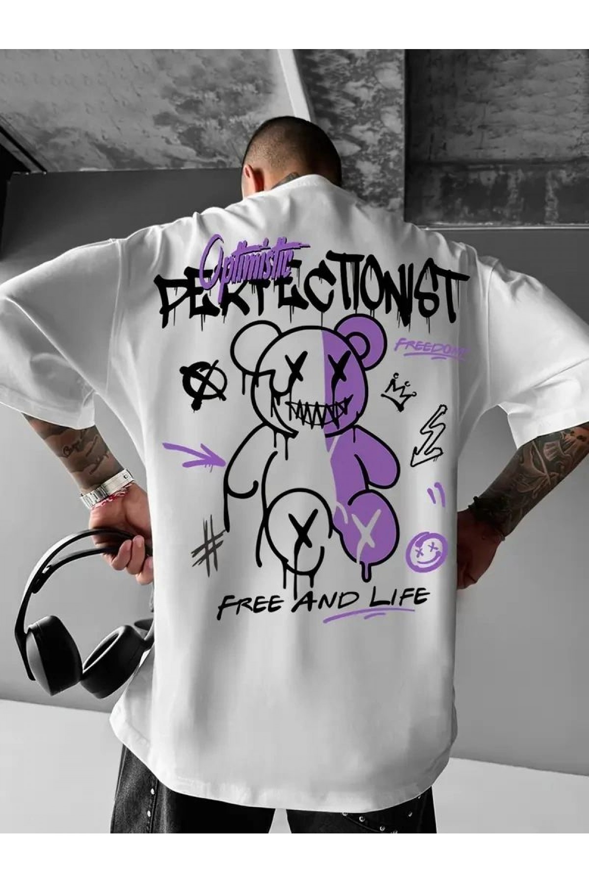 Erkek Tişört Baskılı Bisiklet Yaka Kısa kol t-shirt - Beyaz