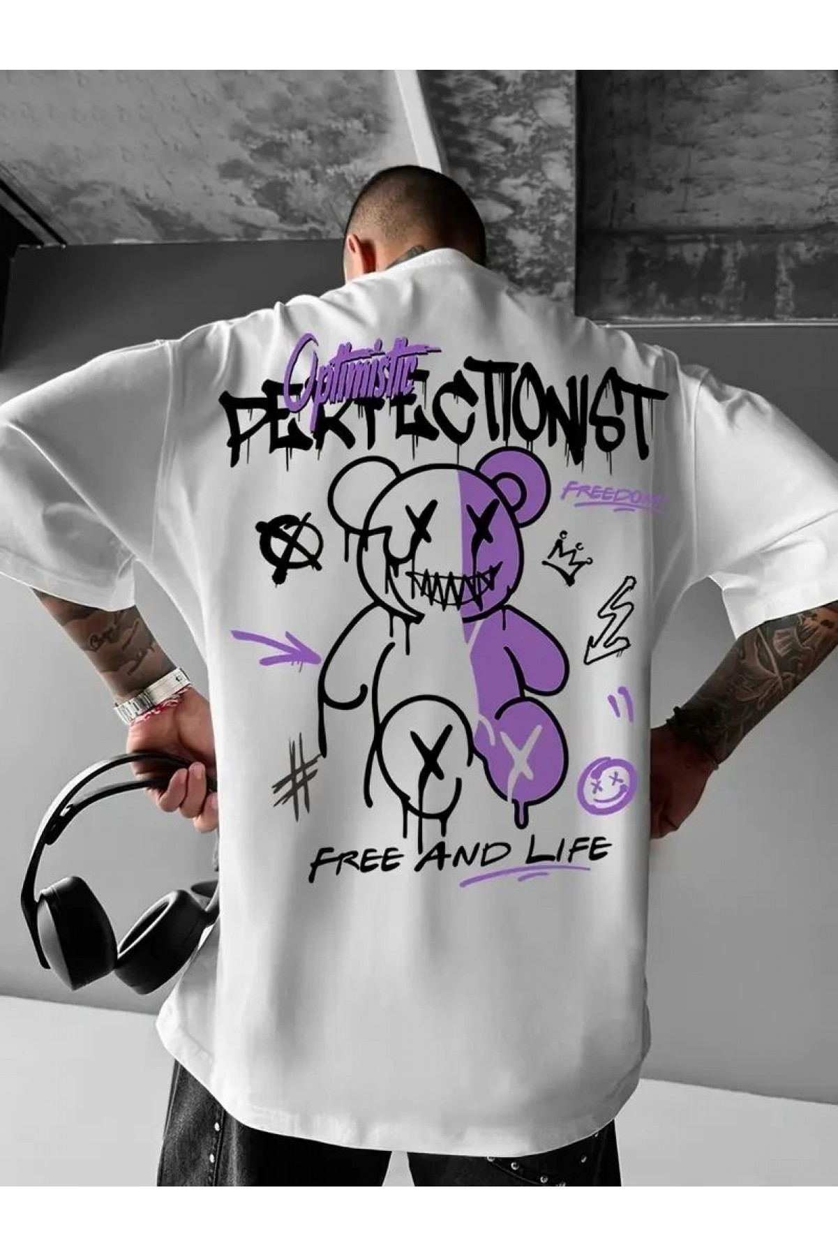 Erkek Tişört Baskılı Bisiklet Yaka Kısa kol t-shirt - Beyaz