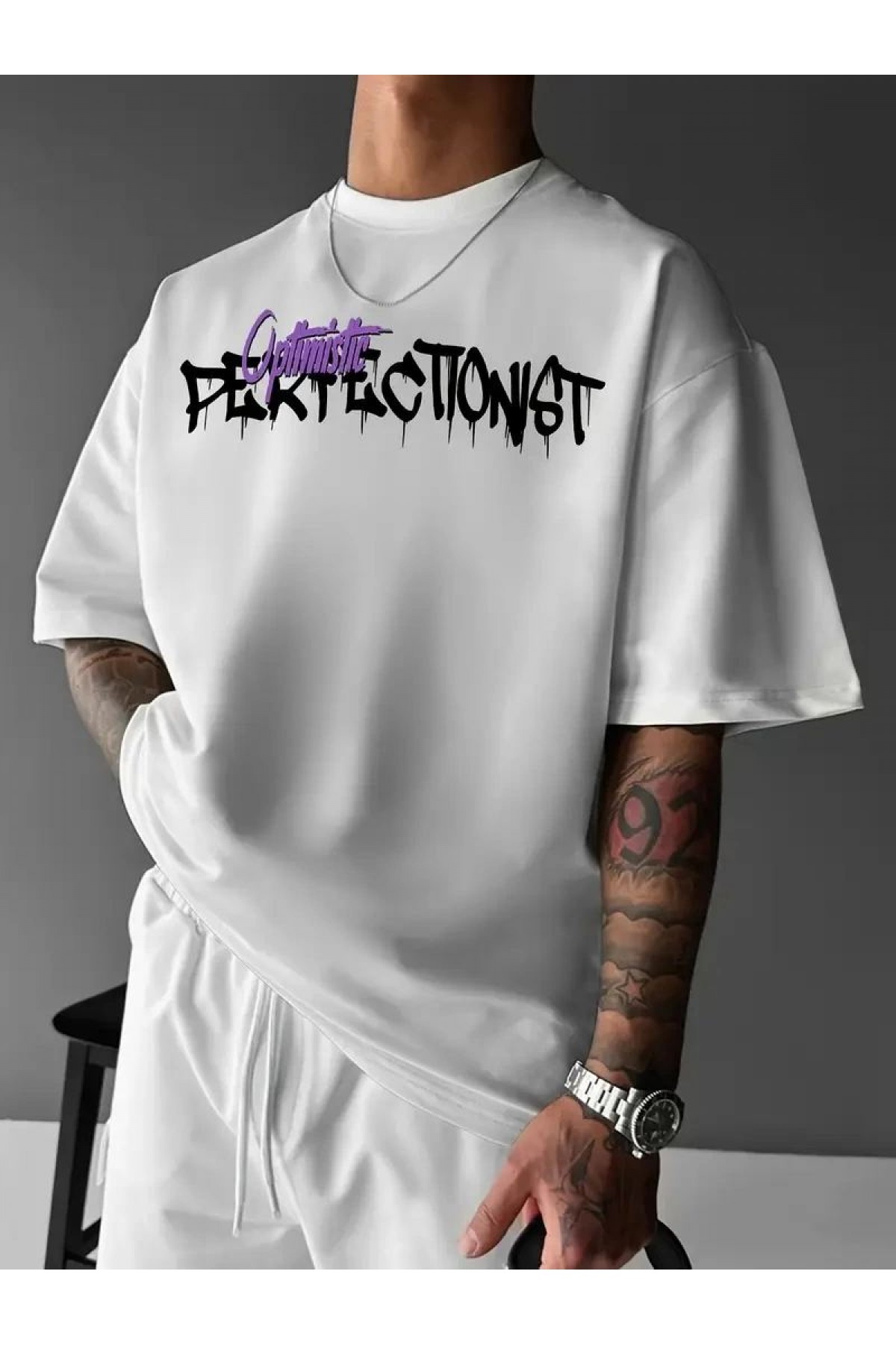 Erkek Tişört Baskılı Bisiklet Yaka Kısa kol t-shirt - Beyaz