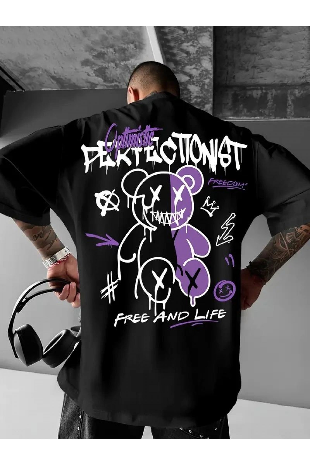 Erkek T-shirt Baskılı Bisiklet Yaka Kısa Kol Tişört - Siyah