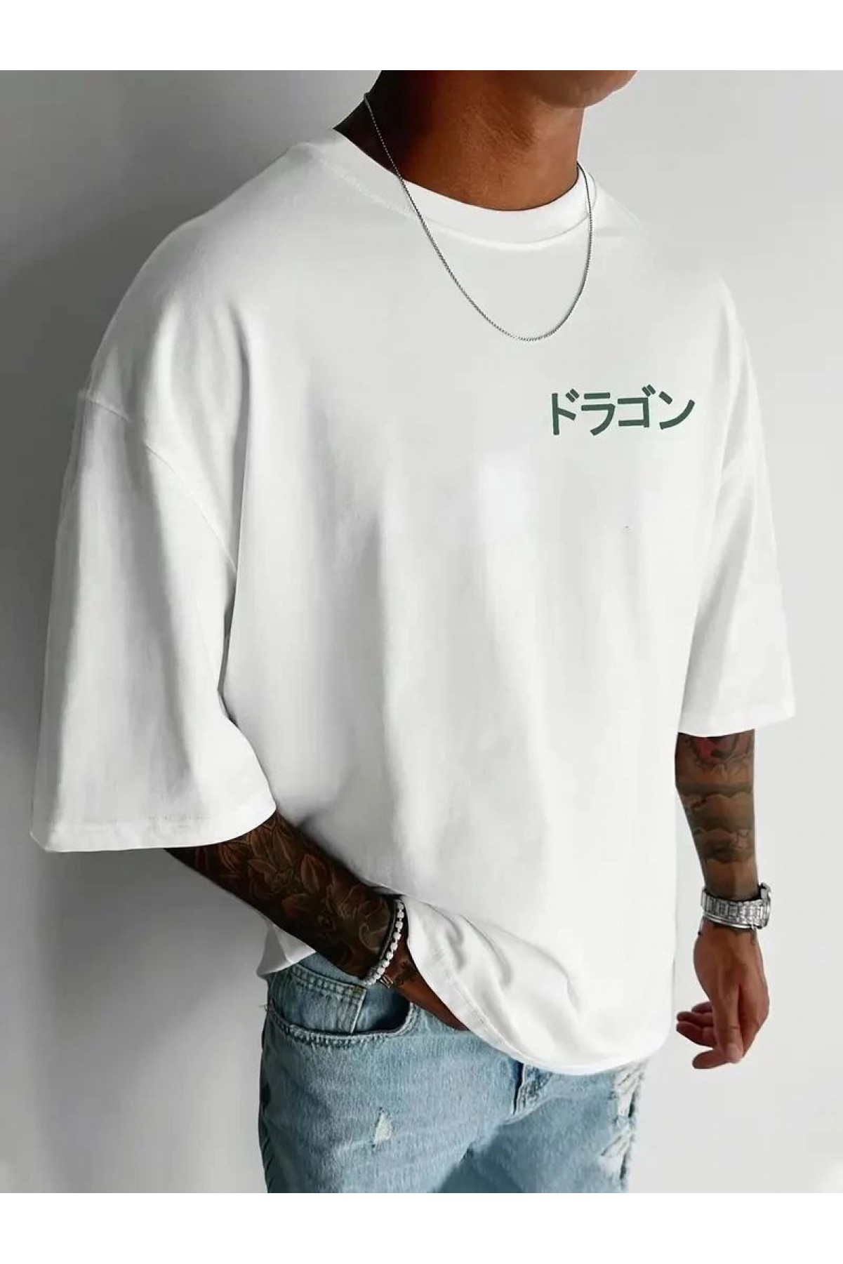 Erkek Tişört Penye Compack Ejder Baskılı Bisiklet Yaka T-shirt - Beyaz