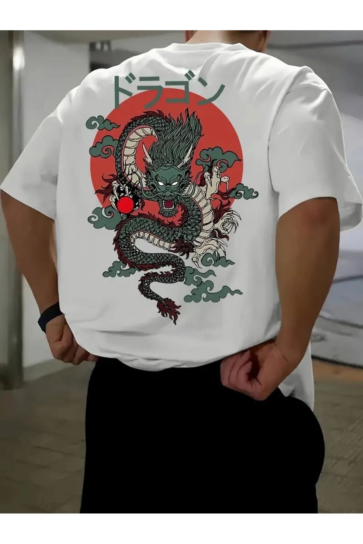 Erkek Tişört Penye Compack Ejder Baskılı Bisiklet Yaka T-shirt - Beyaz