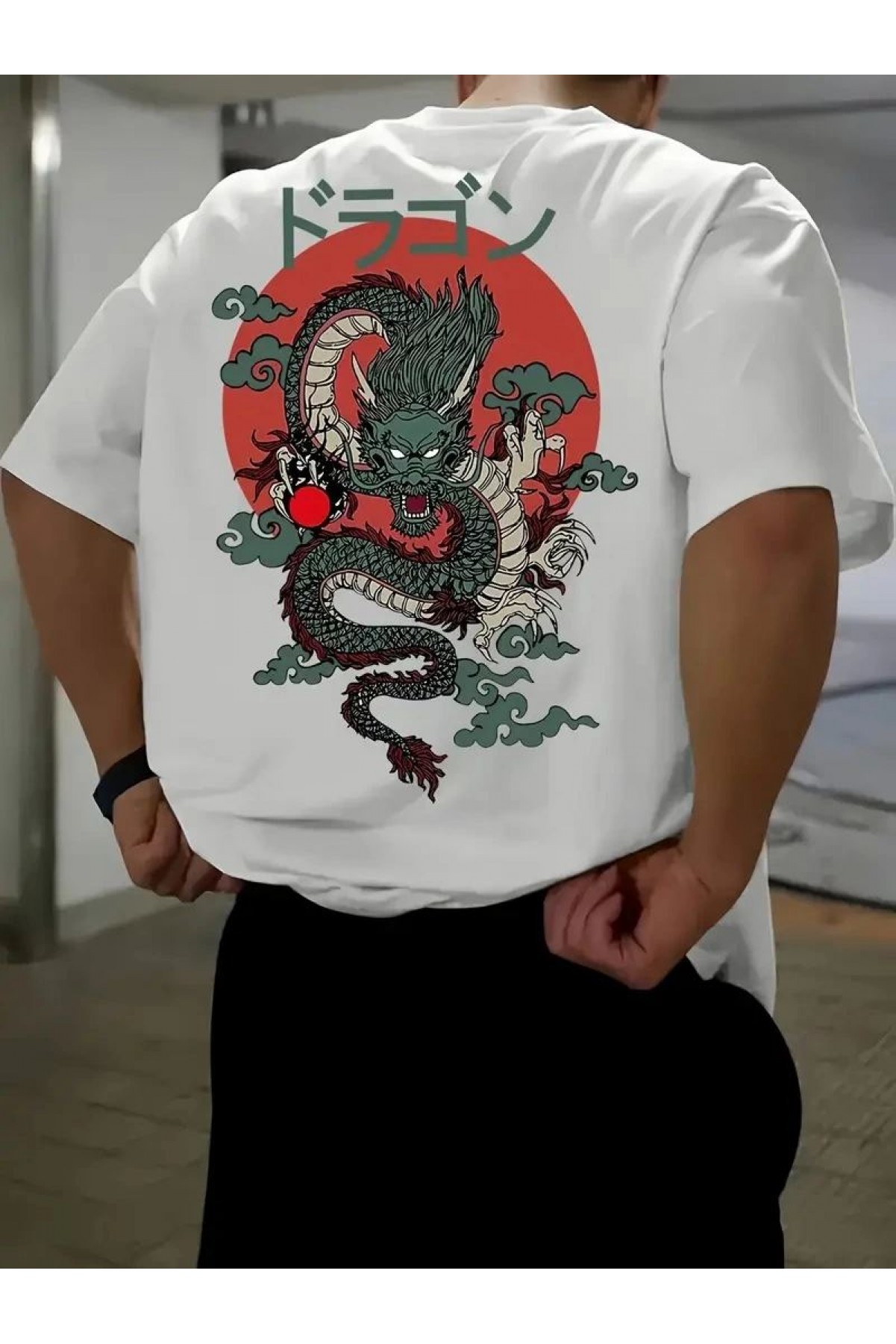 Erkek Tişört Penye Compack Ejder Baskılı Bisiklet Yaka T-shirt - Beyaz