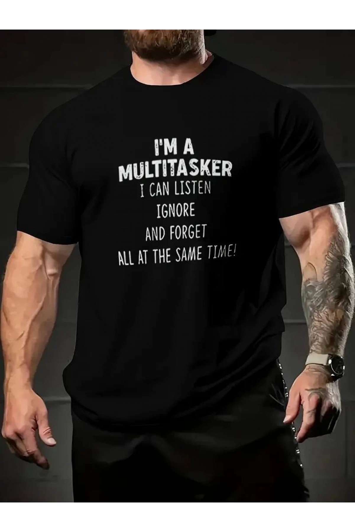 Erkek T-shirt Komik 'Multitasker' Baskılı Kısa kol Tişört - Siyah