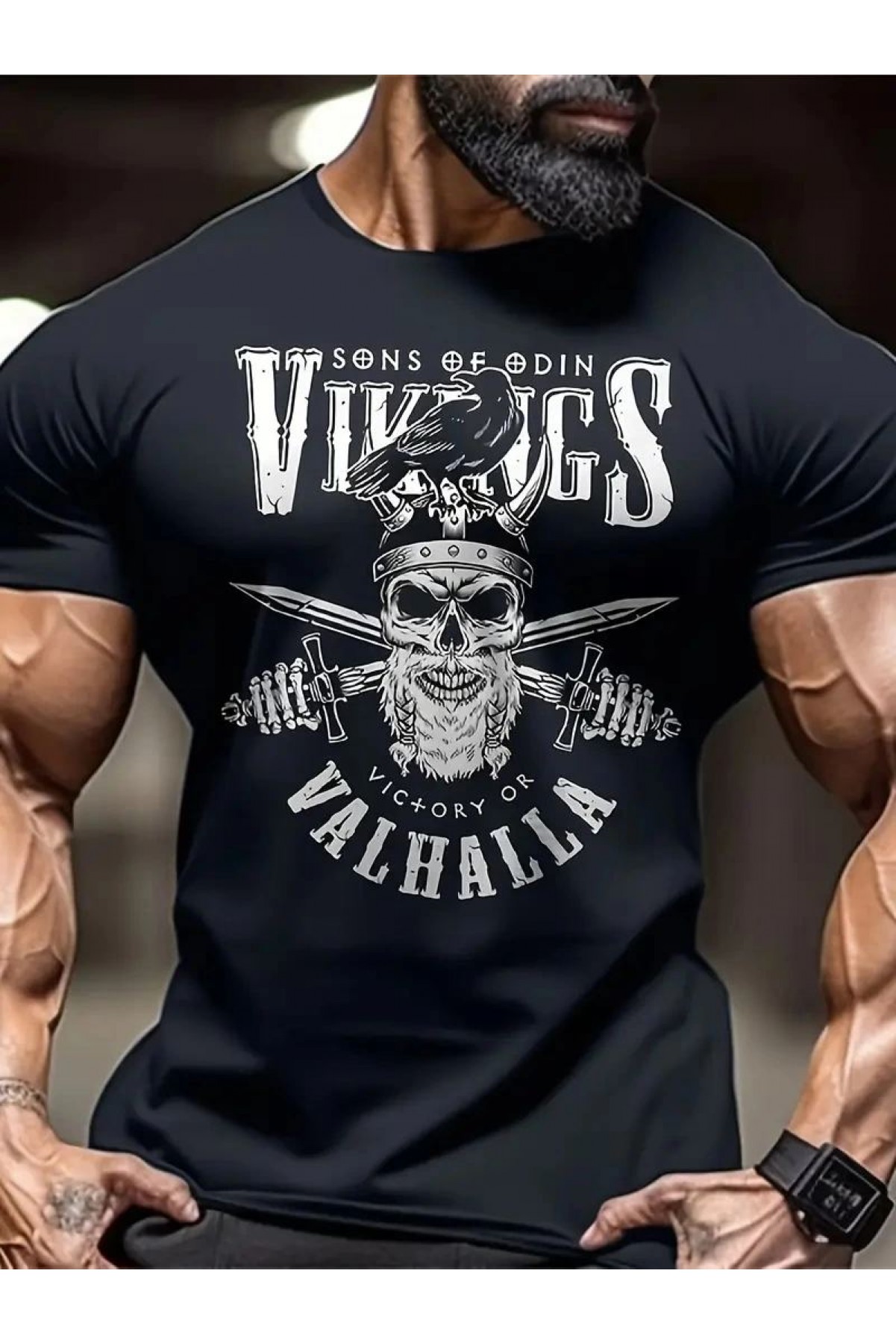 Erkek Ön ve Arka Baskılı T-Shirt Kısa Kol Bisiklet Yaka Regular Fit Tişört - Siyah