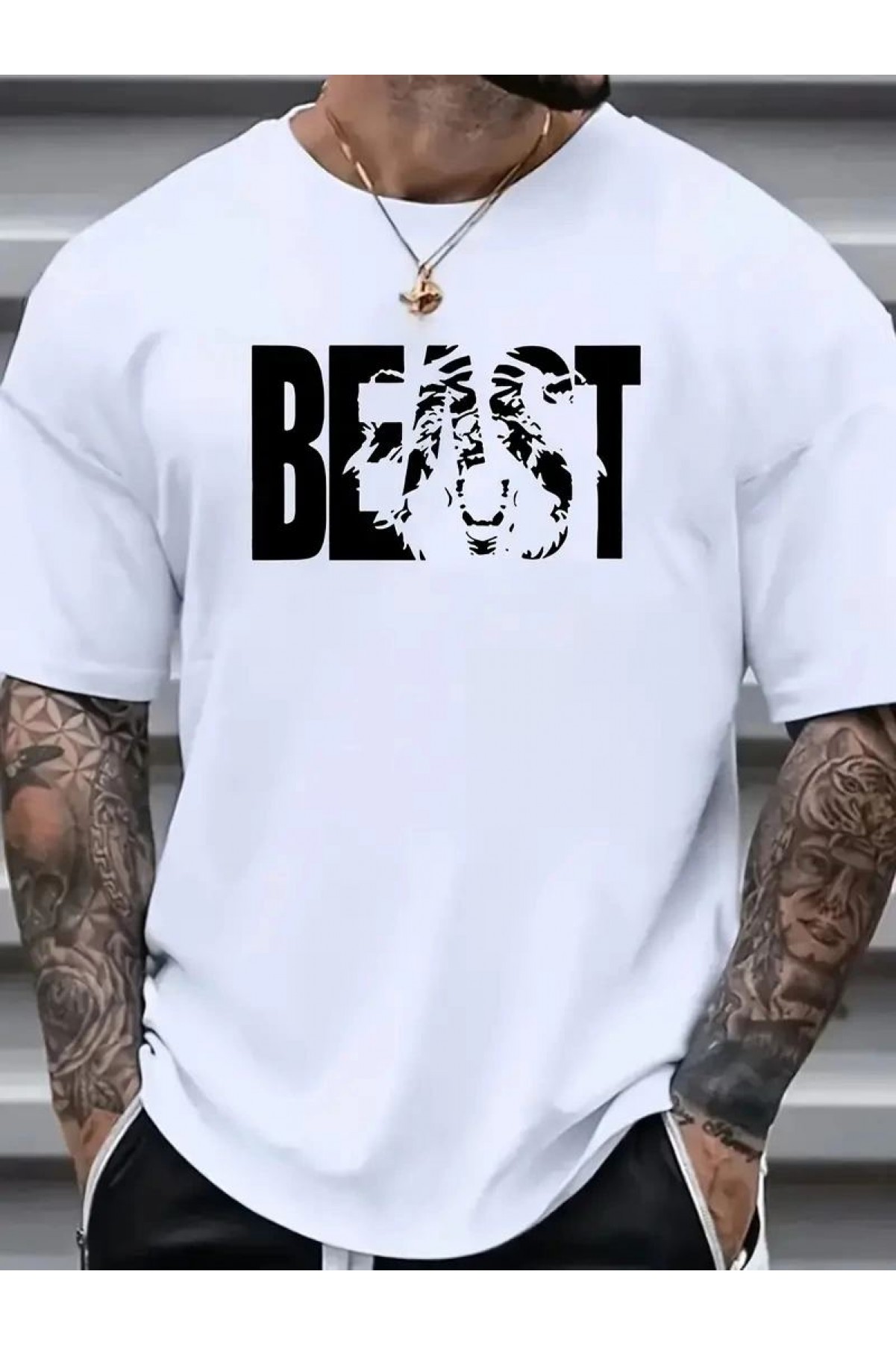 Erkek Baskılı Tişört Kısa Kol Bisiklet Yaka Oversize T-Shirt - Beyaz