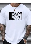 Erkek Baskılı Tişört Kısa Kol Bisiklet Yaka Oversize T-Shirt - Beyaz