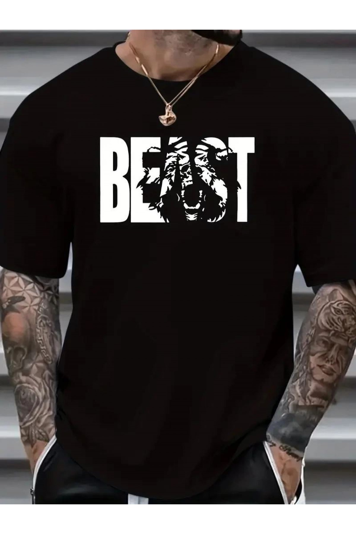 Erkek Baskılı Tişört Kısa Kol Bisiklet Yaka Oversize T-Shirt - Siyah