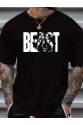 Erkek Baskılı Tişört Kısa Kol Bisiklet Yaka Oversize T-Shirt - Siyah