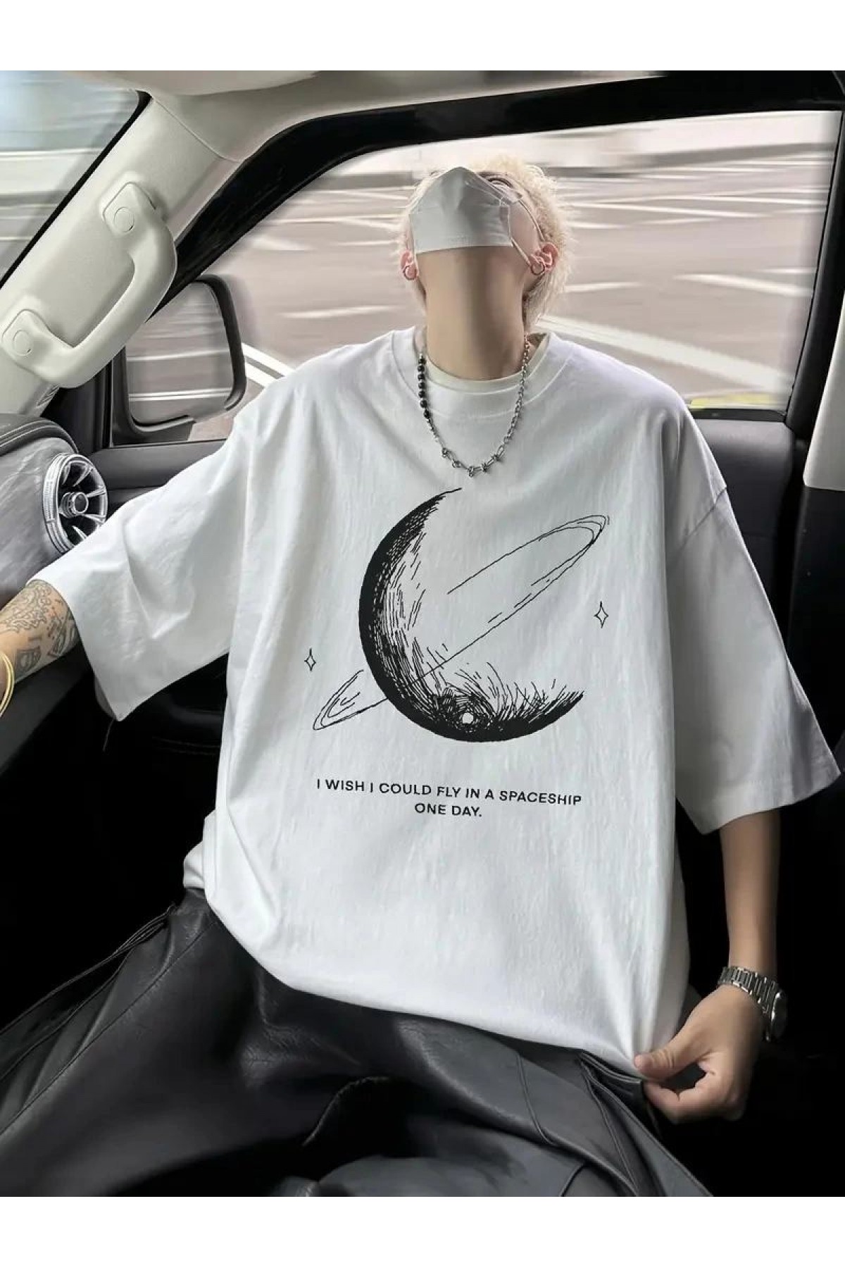 Erkek Baskılı Tişört Kısa Kol Bisiklet Yaka Oversize T-Shirt - Beyaz
