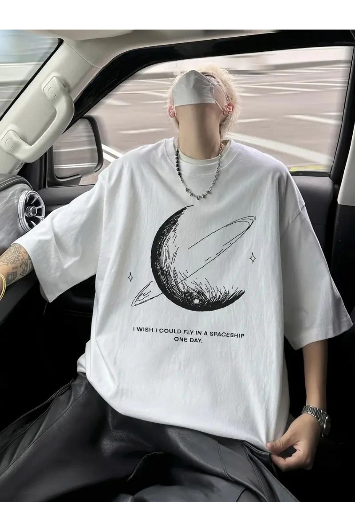 Erkek Baskılı Tişört Kısa Kol Bisiklet Yaka Oversize T-Shirt - Beyaz