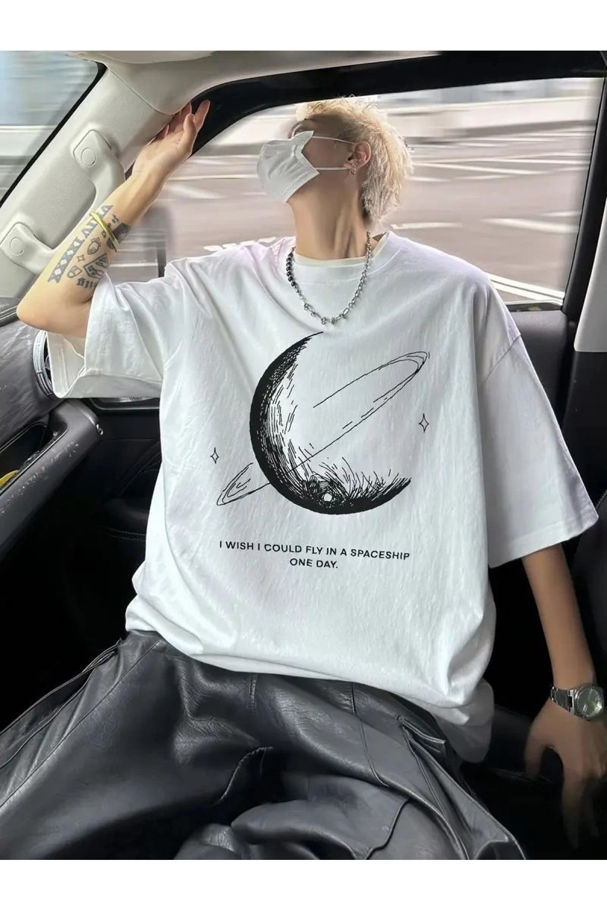 Erkek Baskılı Tişört Kısa Kol Bisiklet Yaka Oversize T-Shirt - Beyaz