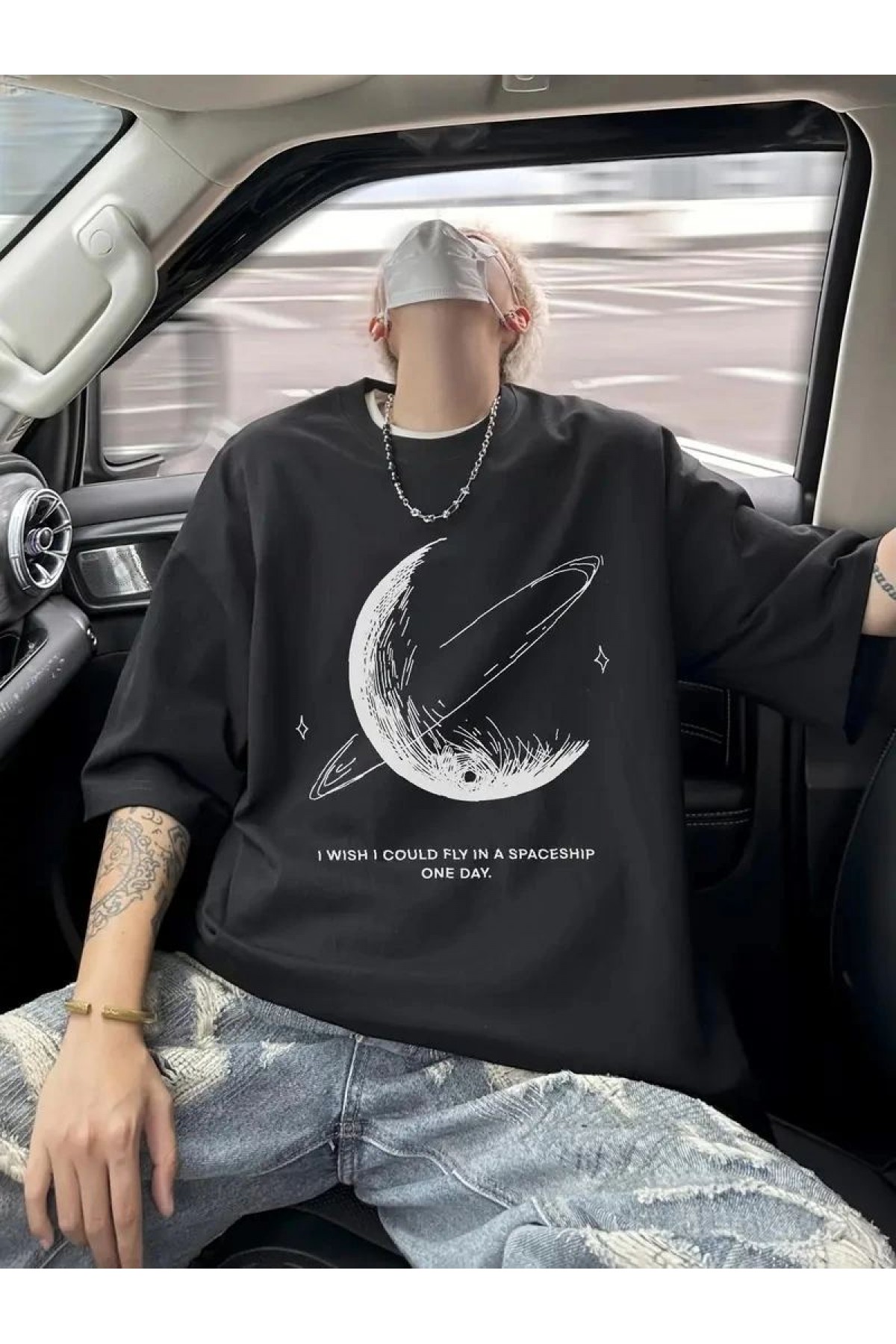Erkek Baskılı Tişört Kısa Kol Bisiklet Yaka Oversize T-Shirt - - Siyah