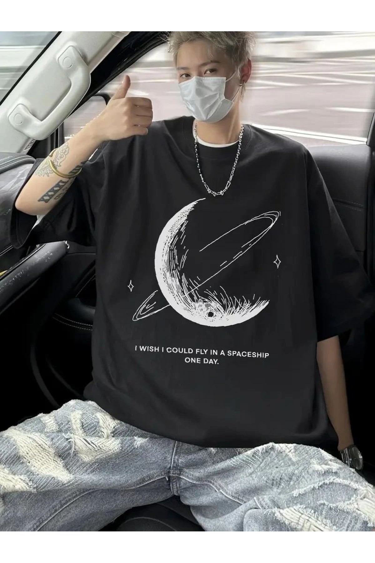 Erkek Baskılı Tişört Kısa Kol Bisiklet Yaka Oversize T-Shirt - - Siyah