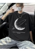 Erkek Baskılı Tişört Kısa Kol Bisiklet Yaka Oversize T-Shirt - - Siyah