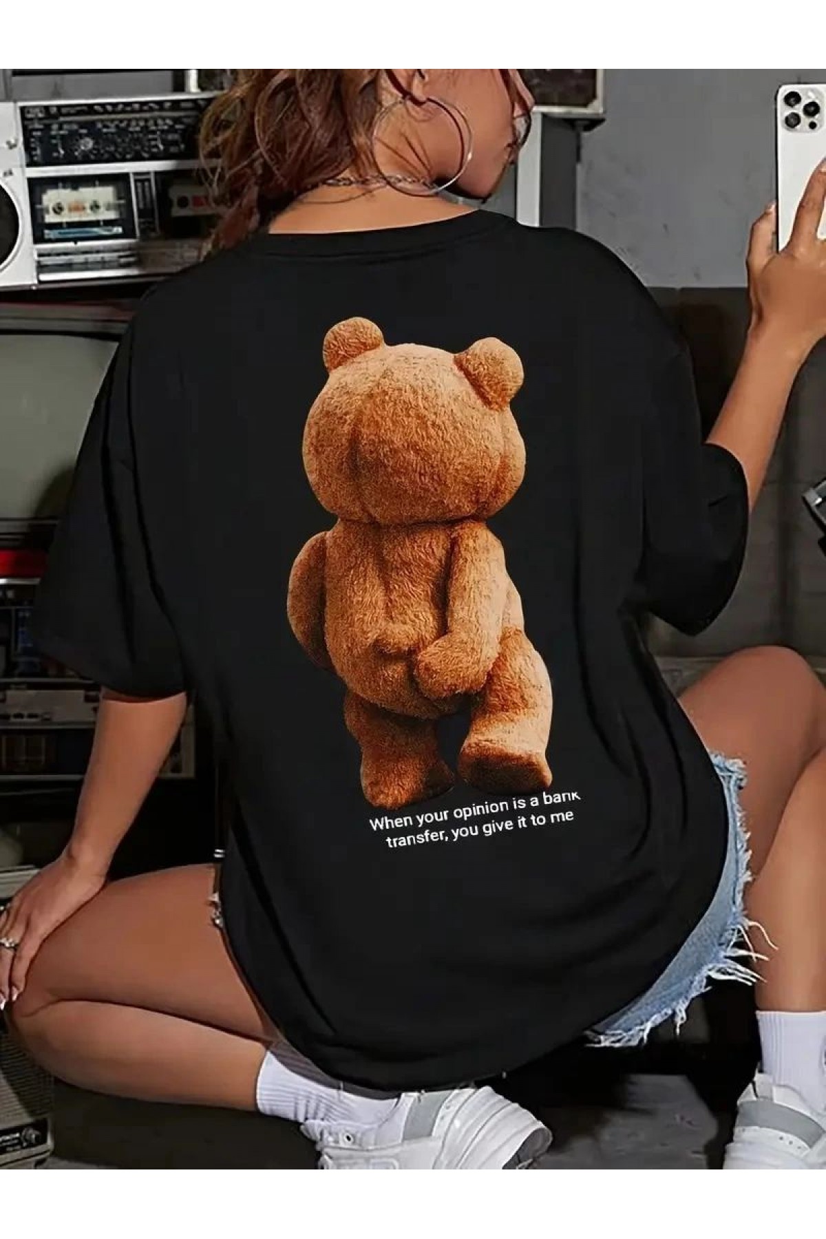 Kadın Tişört Büyük Boy Ayıcık Baskılı Bisiklet Kısa kol t-shirt - Siyah