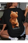 Kadın Tişört Büyük Boy Ayıcık Baskılı Bisiklet Kısa kol t-shirt - Siyah