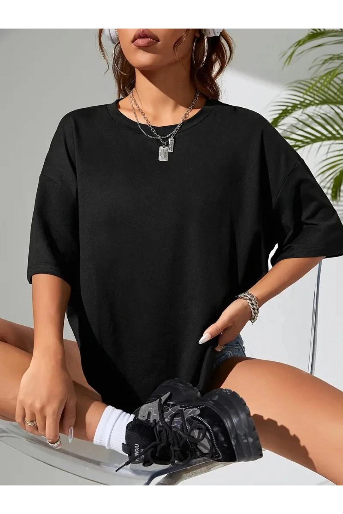 Kadın Tişört Büyük Boy Ayıcık Baskılı Bisiklet Kısa kol t-shirt - Siyah
