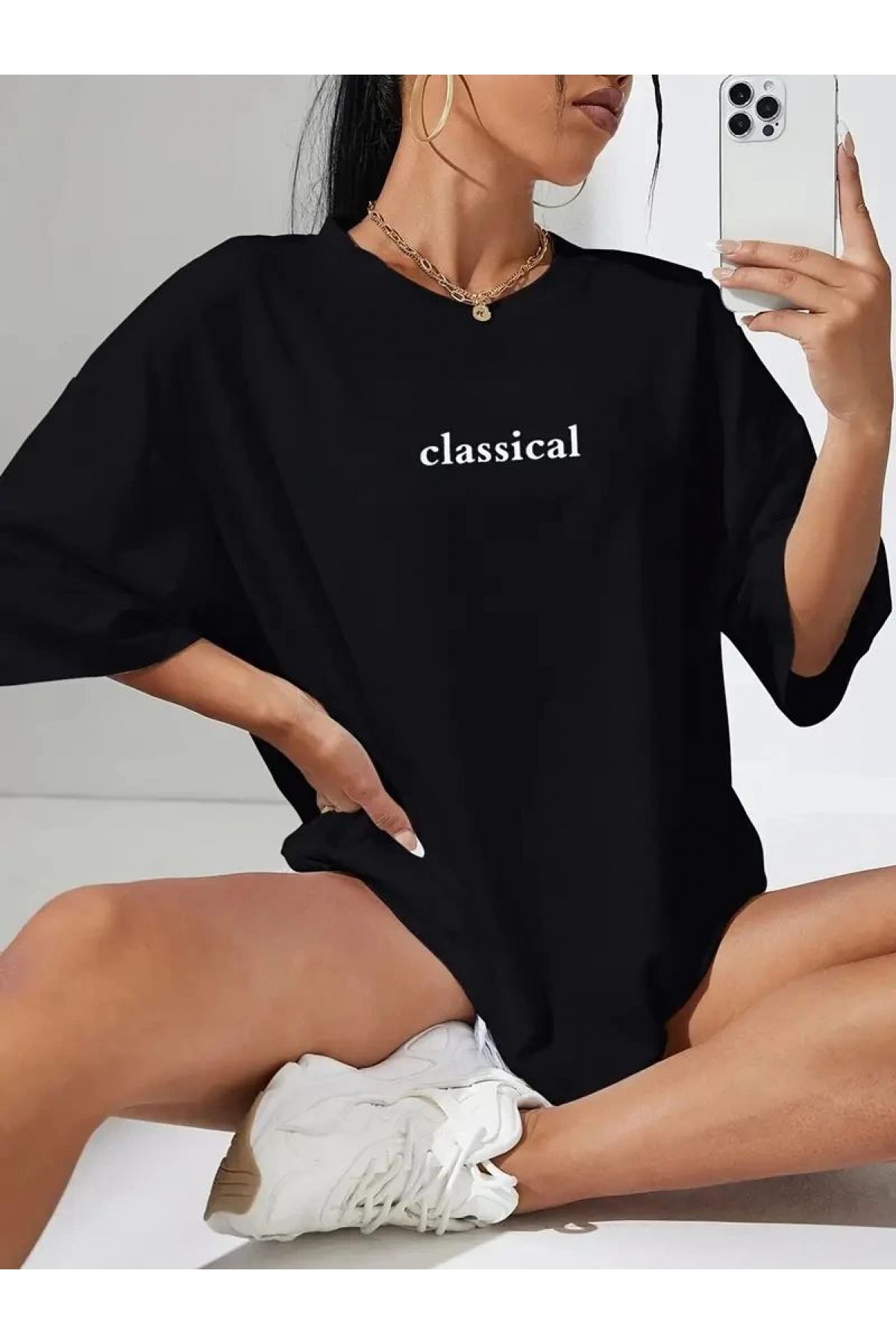 Kadın T-shirt Penye Compack Classical Baskılı Kısa kol Tişört - Siyah