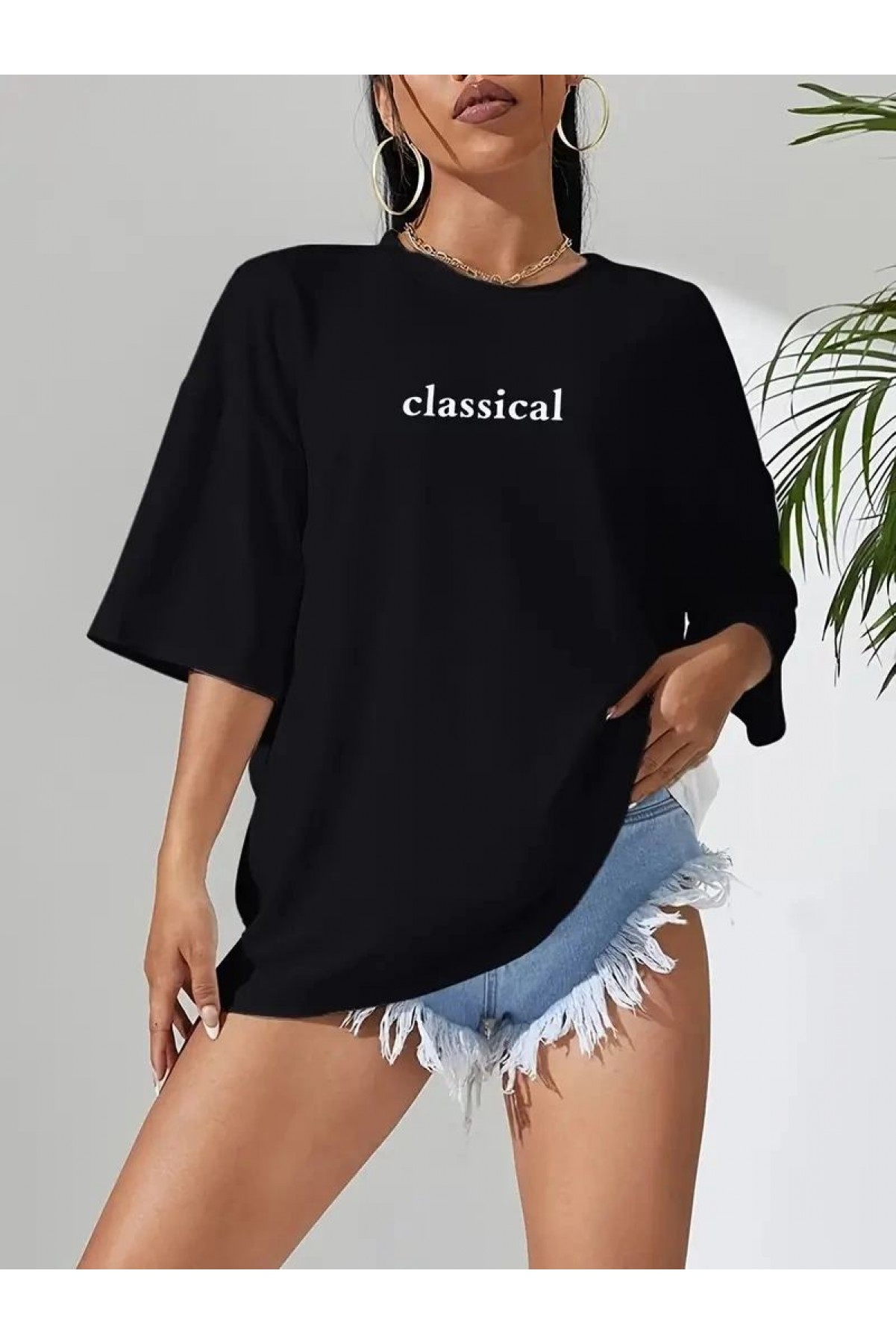Kadın T-shirt Penye Compack Classical Baskılı Kısa kol Tişört - Siyah