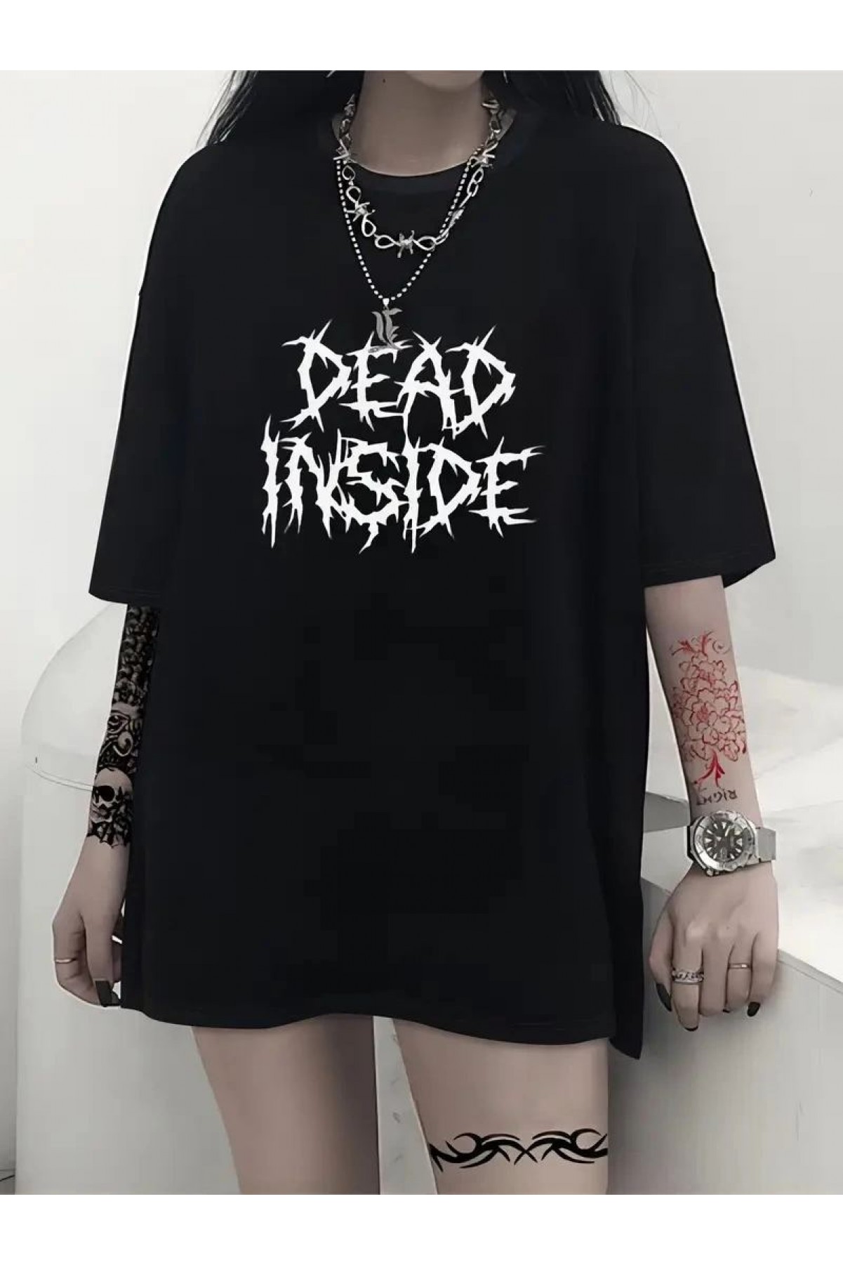 Kadın T-shirt Bisiklet Yaka Oversize Kısa Kollu Tişört - Siyah