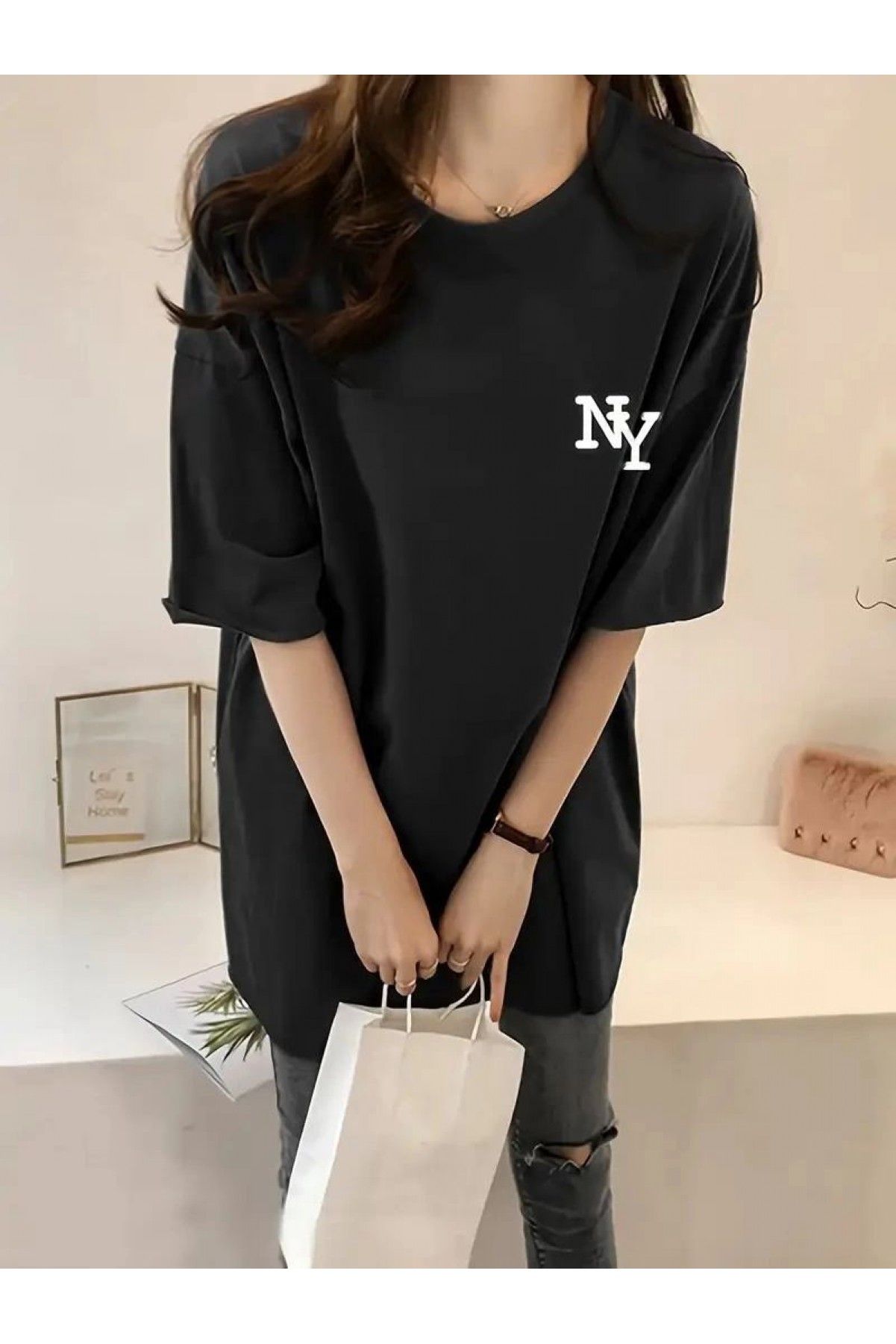 Kadın T-shirt Bisiklet yaka  NY Baskılı kısa kol Tişört - Siyah