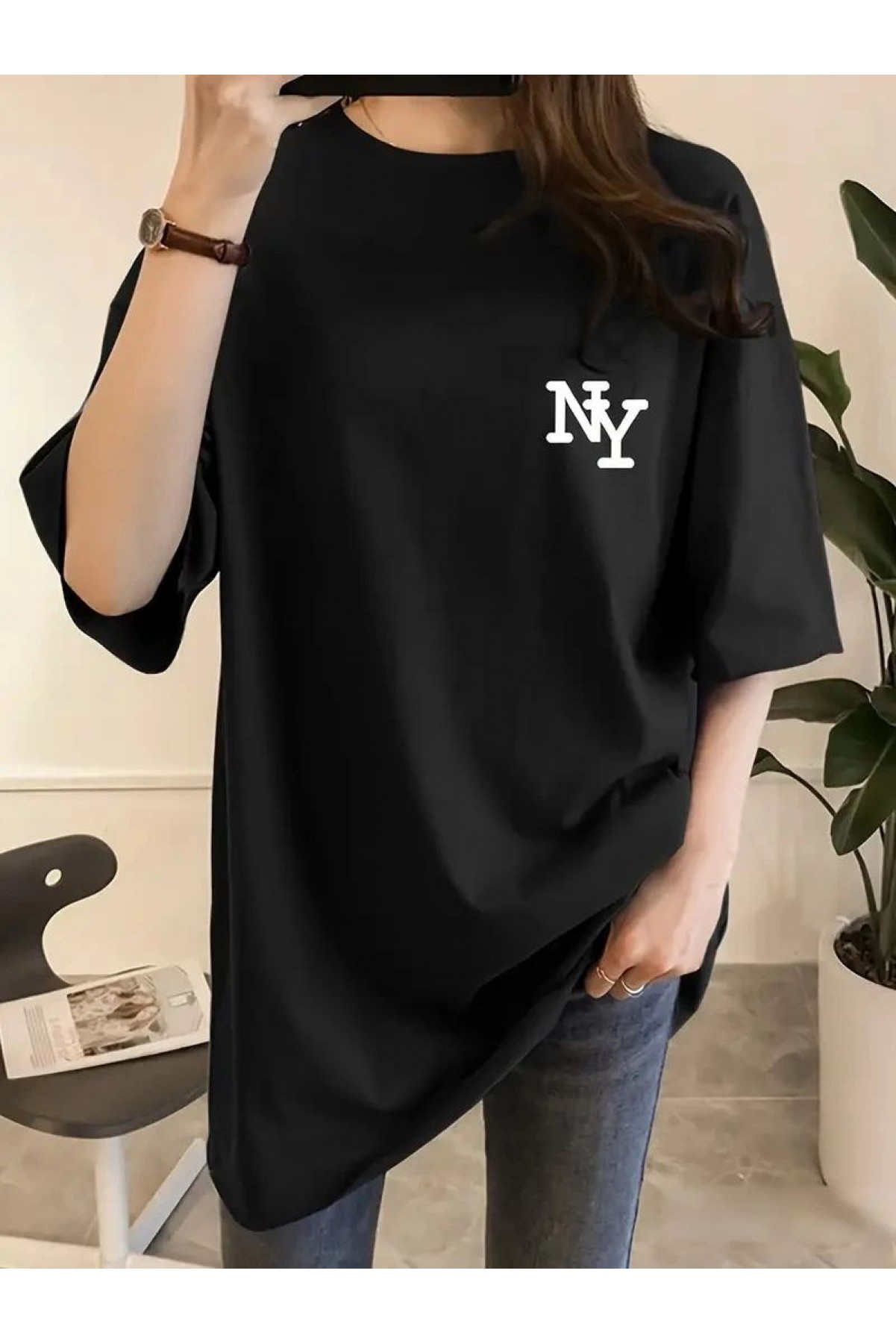 Kadın T-shirt Bisiklet yaka  NY Baskılı kısa kol Tişört - Siyah