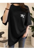 Kadın T-shirt Bisiklet yaka  NY Baskılı kısa kol Tişört - Siyah