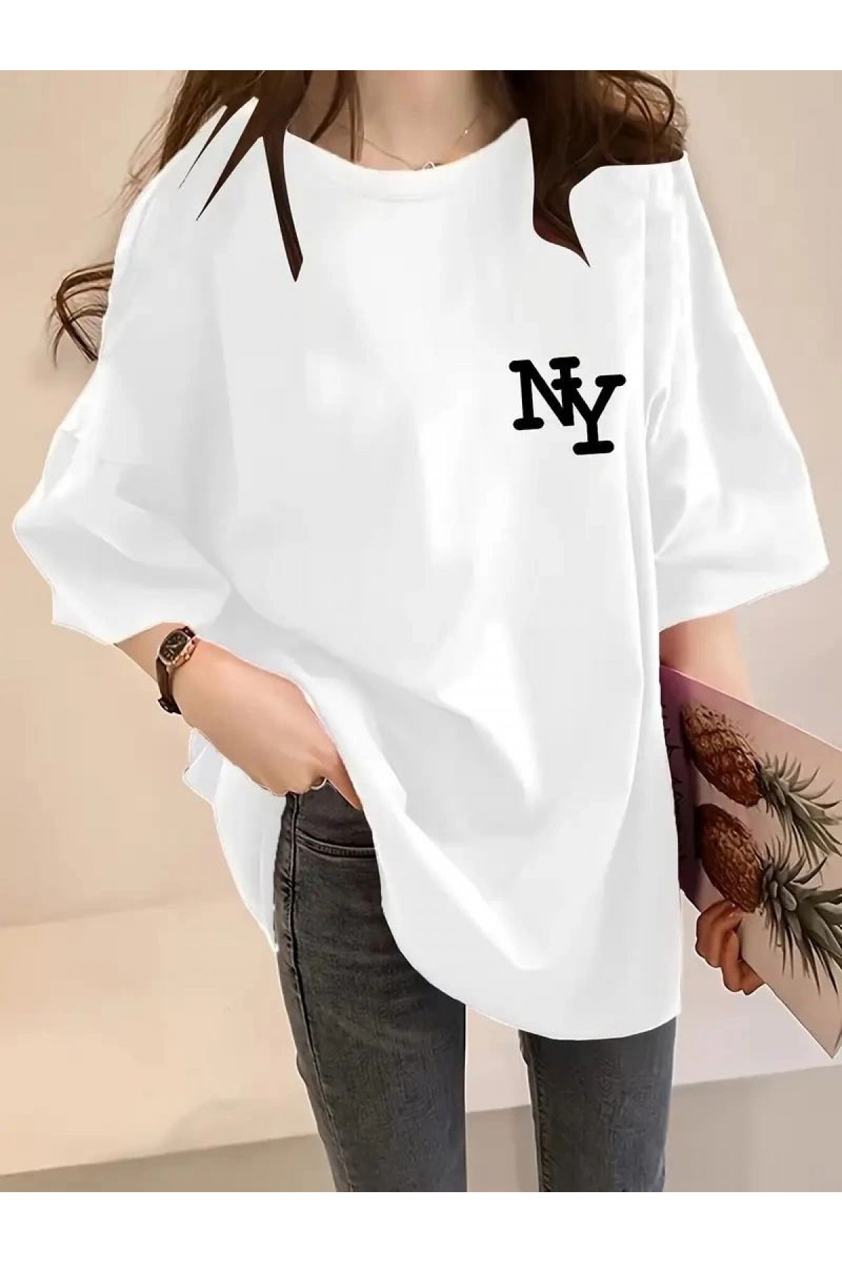 Kadın T-shirt Eğlenceli Harf NY Baskılı Bisiklet Yaka Tişört - Beyaz