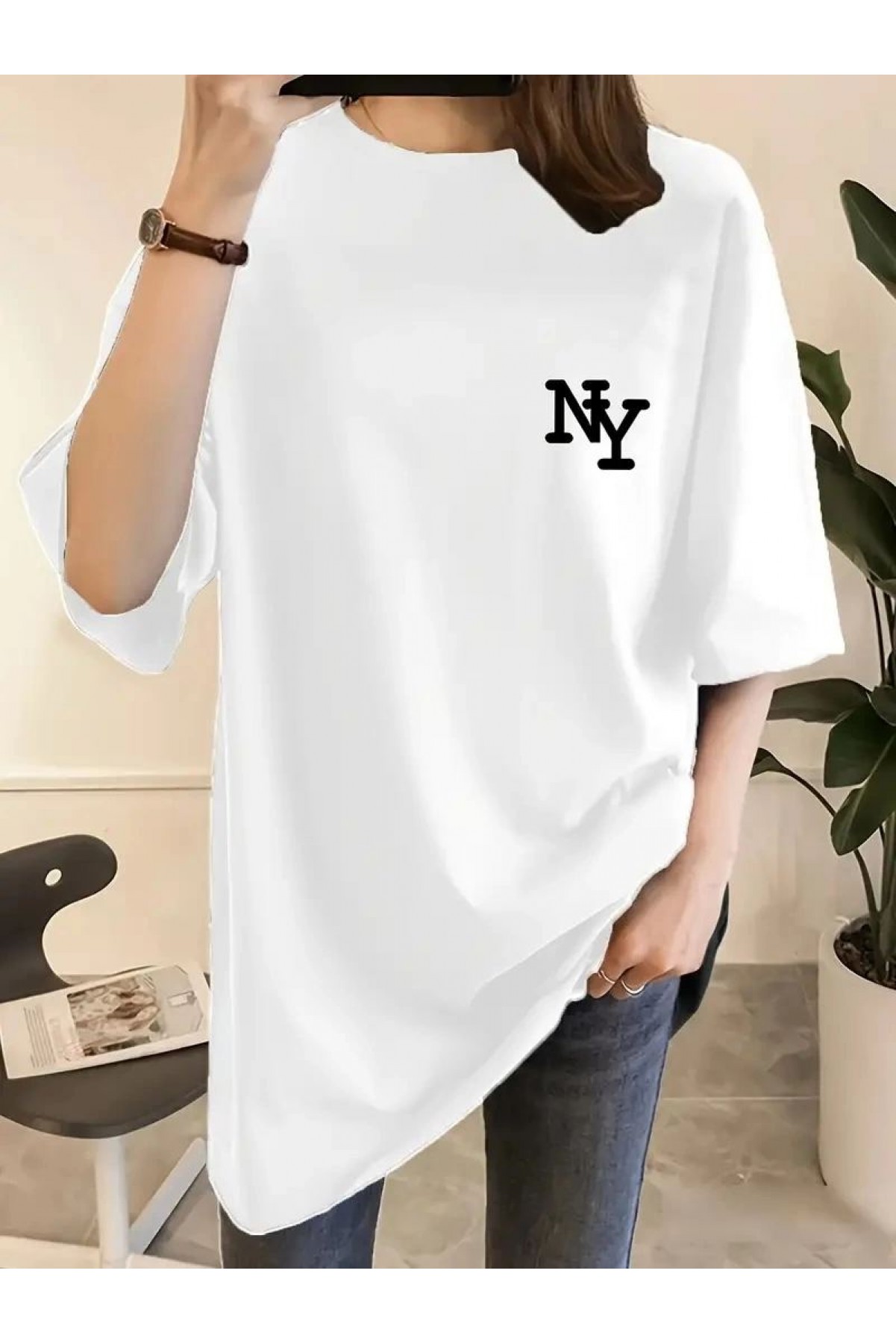 Kadın T-shirt Eğlenceli Harf NY Baskılı Bisiklet Yaka Tişört - Beyaz