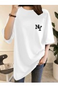 Kadın T-shirt Eğlenceli Harf NY Baskılı Bisiklet Yaka Tişört - Beyaz