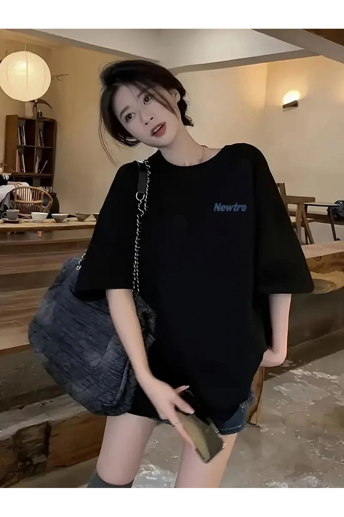 Kadın Tişört Newtro Baskılı Oversize Bisiklet Yaka T-shirt - Siyah