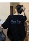 Kadın Tişört Newtro Baskılı Oversize Bisiklet Yaka T-shirt - Siyah
