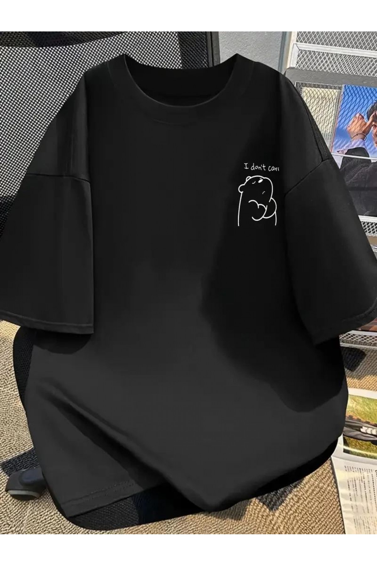 Kadın Tişört Bisiklet yaka kısa kol Eğlenceli Karikatür T-shirt - Siyah
