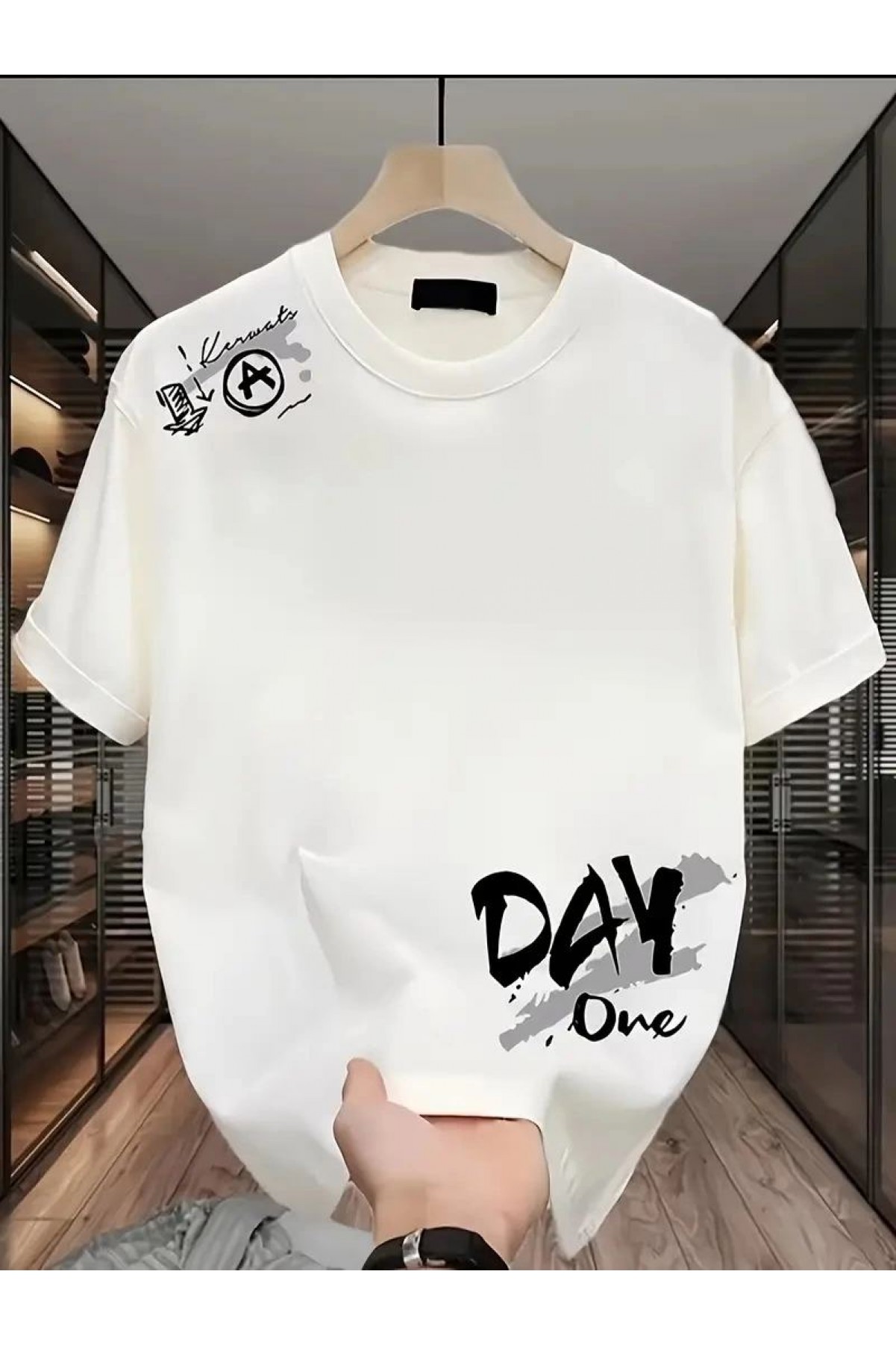 Kadın Kısa Kol Yazlık Tişört Bisiklet Yaka Baskılı Oversize T-Shirt - Beyaz