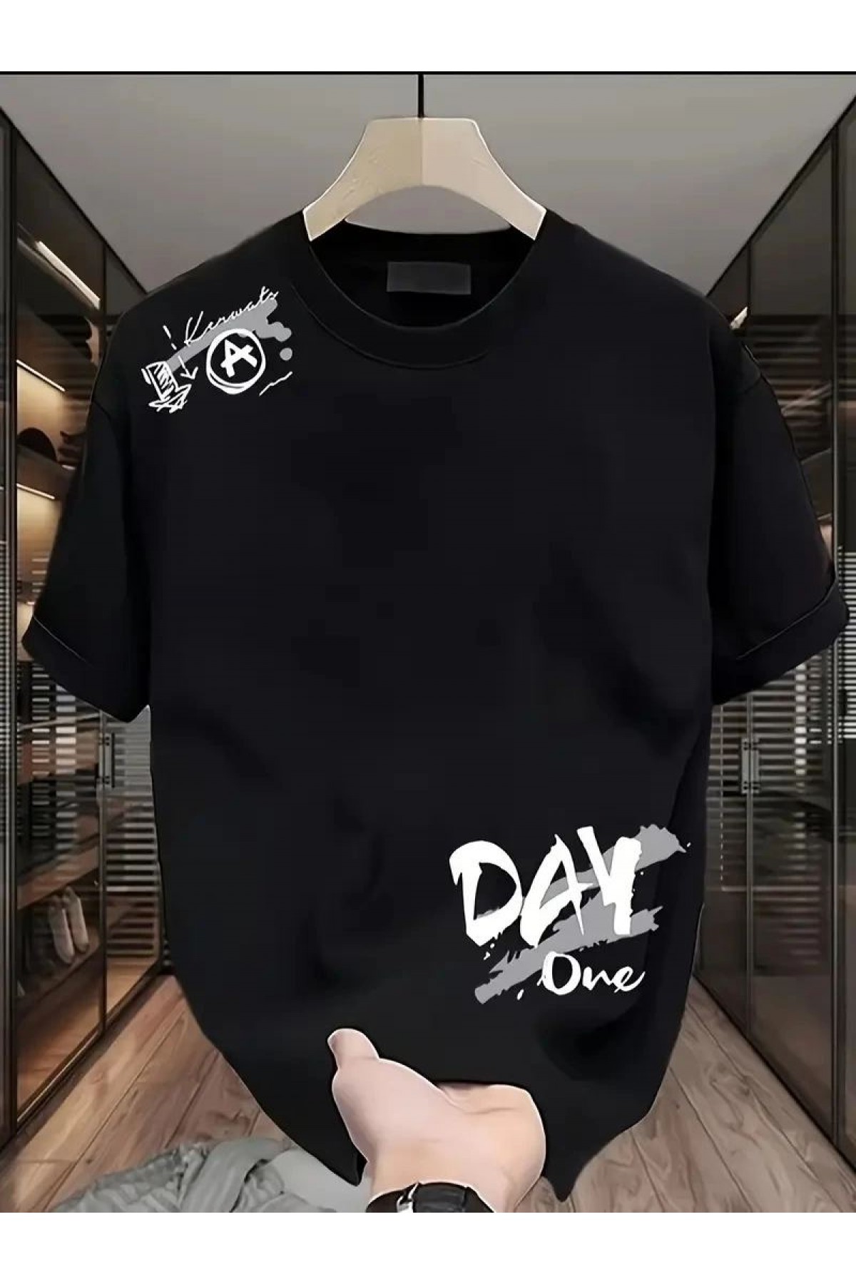Kadın Kısa Kol Yazlık Tişört Bisiklet Yaka Baskılı Oversize T-Shirt - Siyah