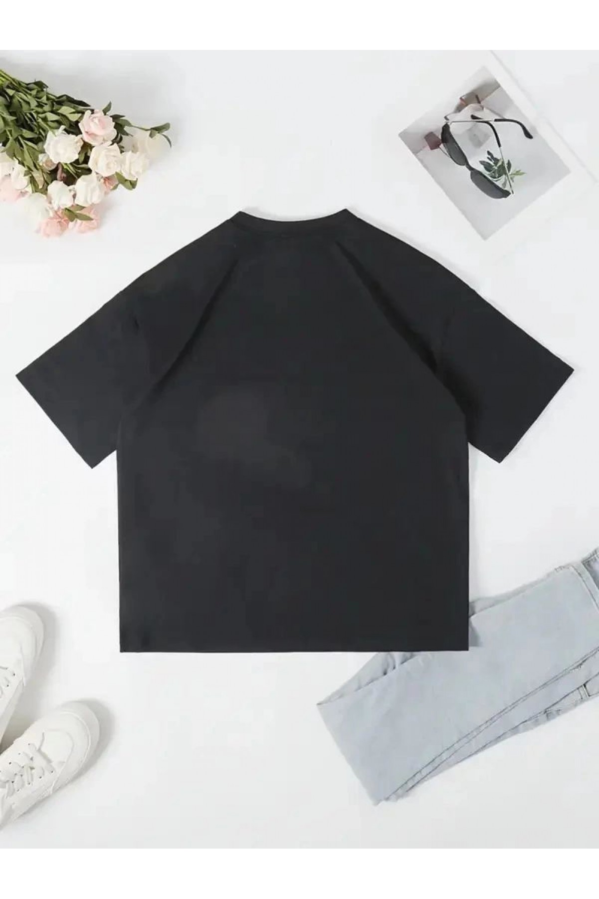 Kadın T-Shirt Ördek Baskılı Bisiklet Yakalı Kısa kol Tişört - Siyah