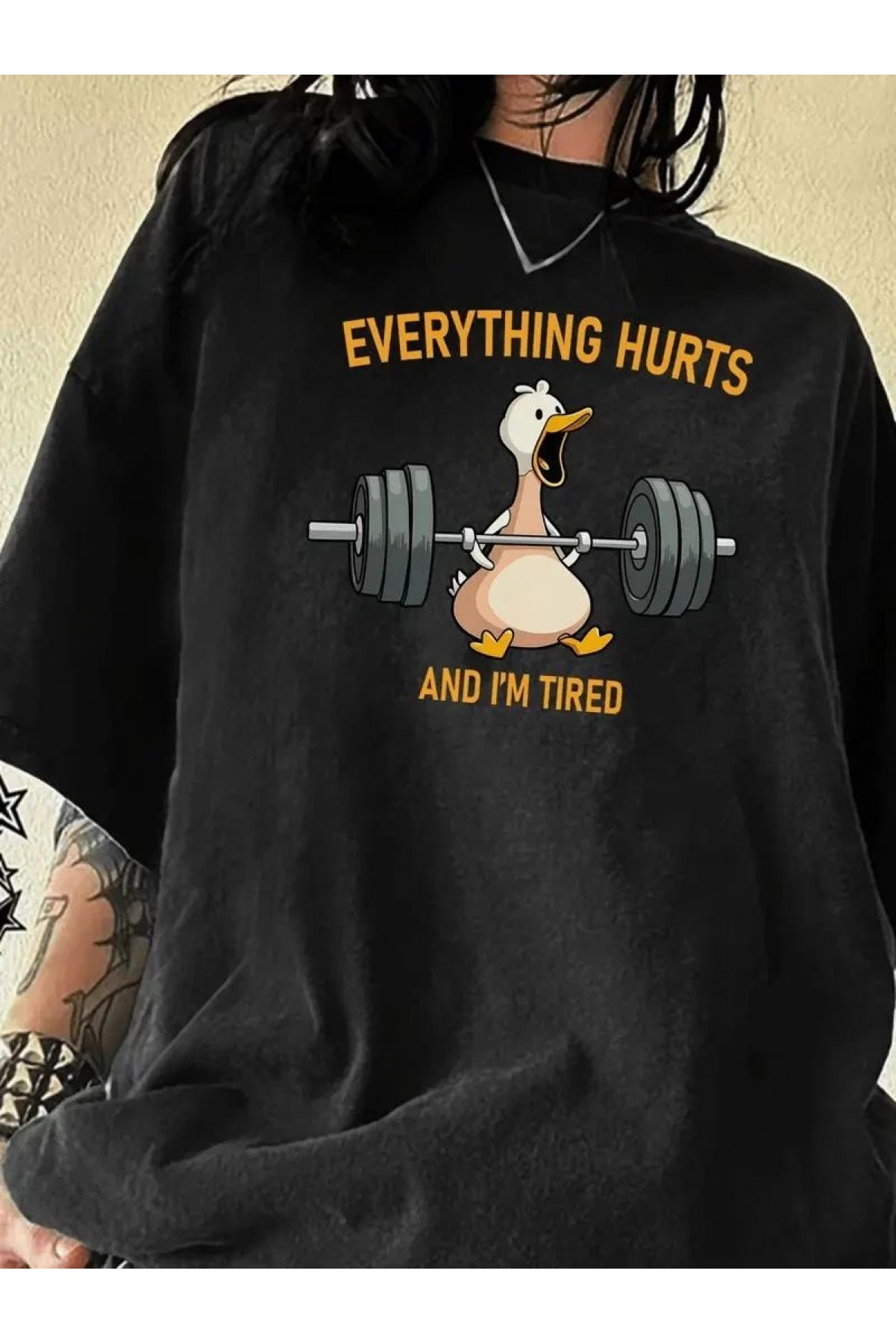 Kadın T-Shirt Ördek Baskılı Bisiklet Yakalı Kısa kol Tişört - Siyah