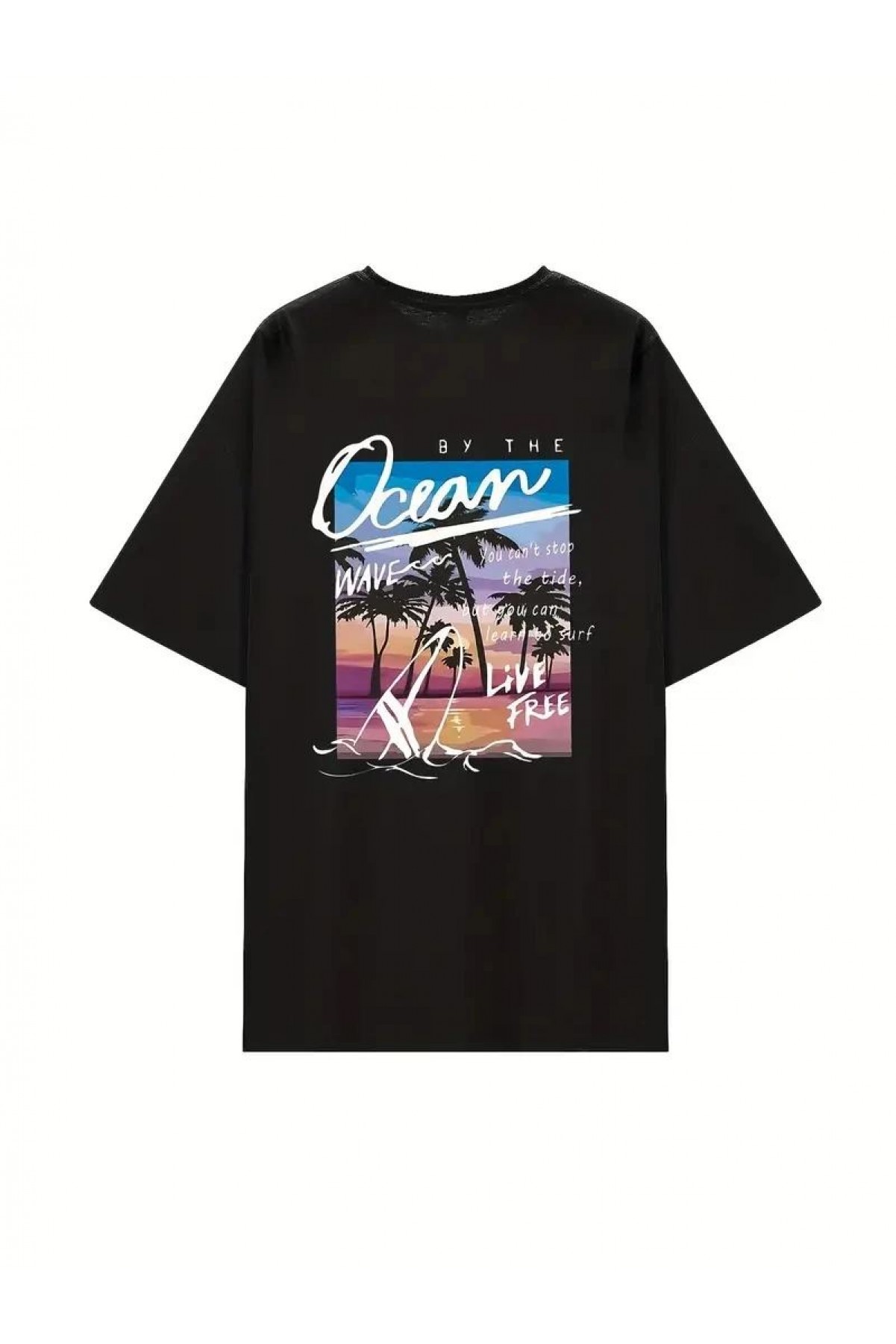 Kadın Kısa Kol Yazlık Tişört Bisiklet Yaka Okyanus Baskılı T-Shirt - Siyah