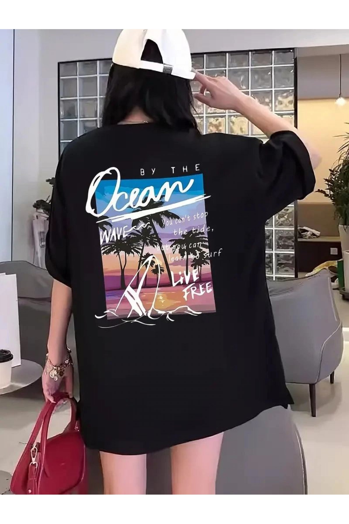 Kadın Kısa Kol Yazlık Tişört Bisiklet Yaka Okyanus Baskılı T-Shirt - Siyah