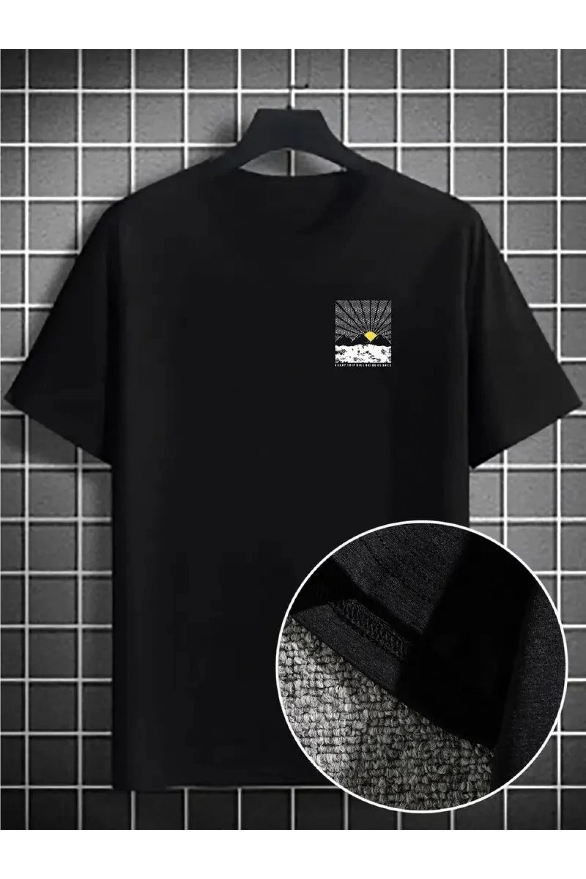 Erkek Tişört Dağ Grafikli Kısa kollu Yazlık T-shirt - Siyah