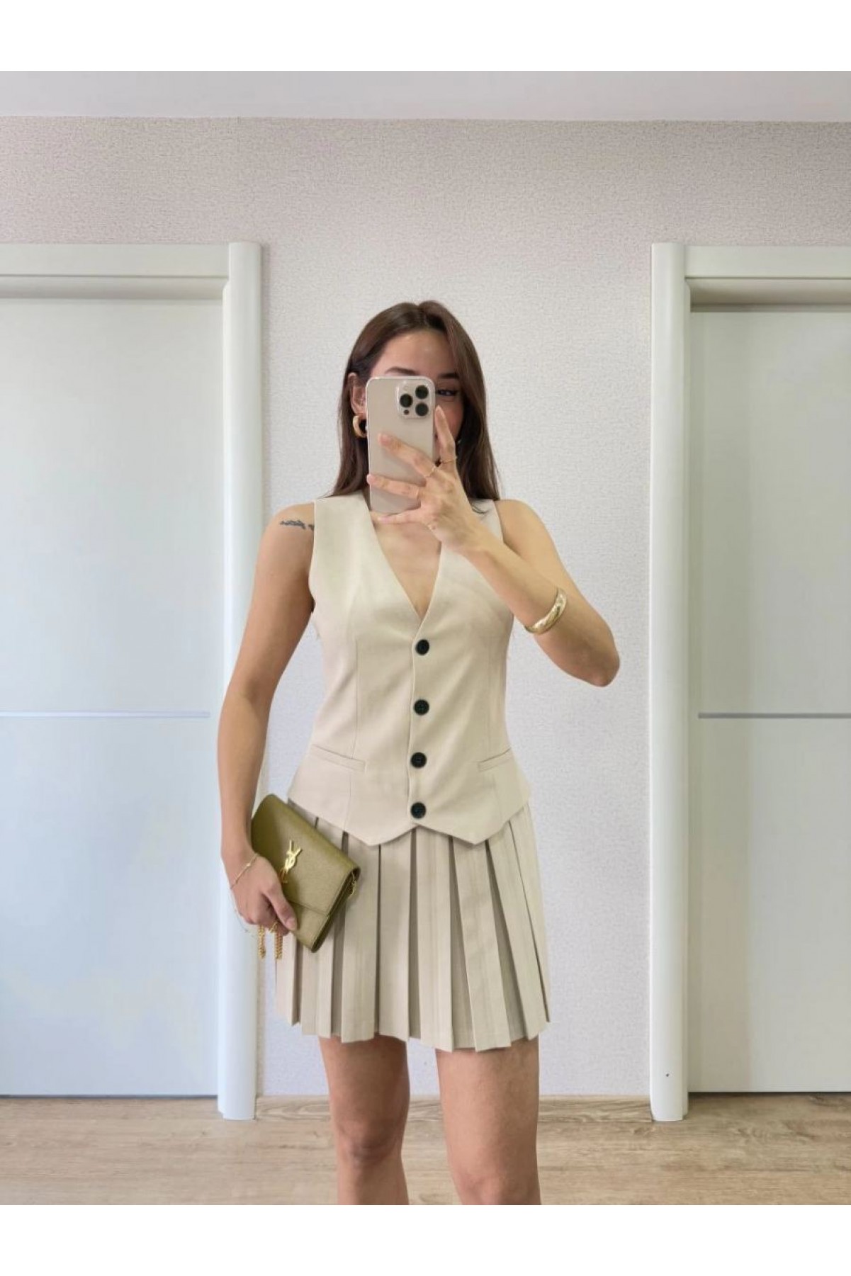 Kadın Keten Takım Görünümlü Düğme Detaylı Yelekli Mini Elbise - Bej